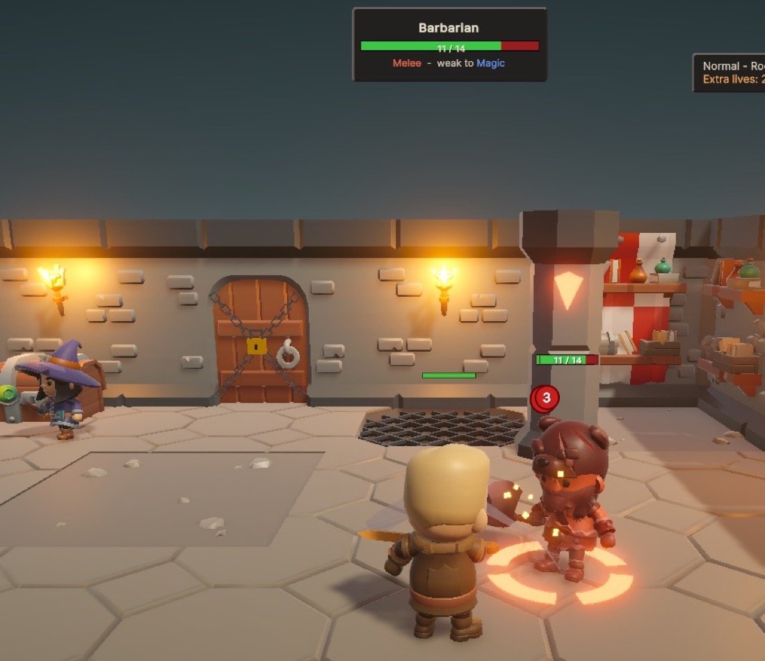 The hero fights a barbarian in a torch-lit room