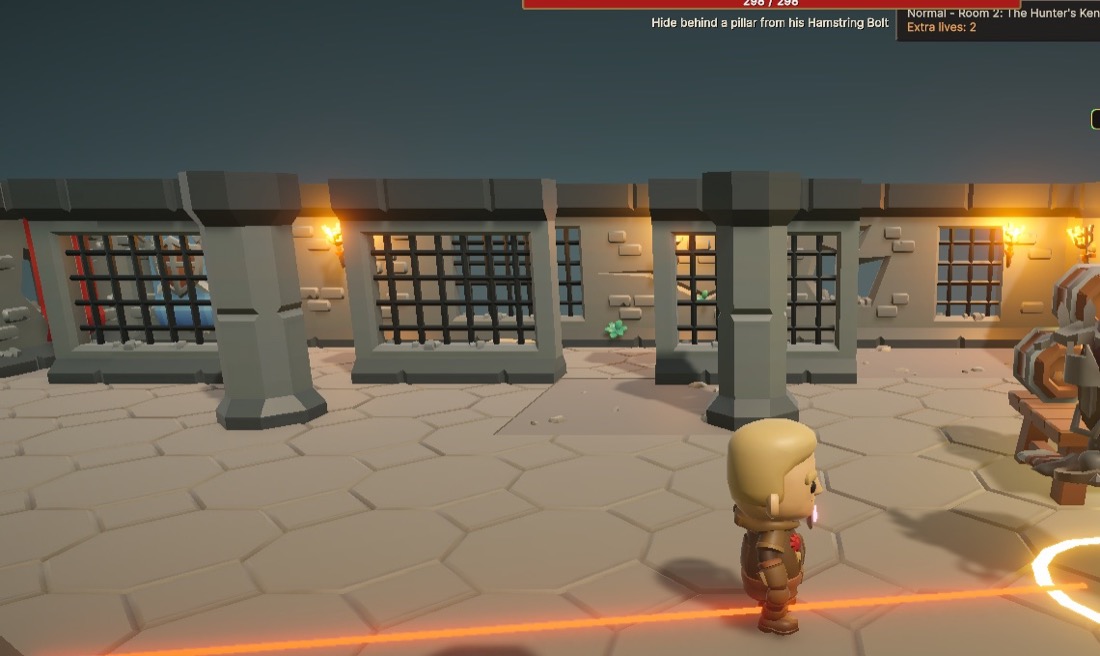 The hero faces Skarn the Bone Huntsman behind a row of pillars